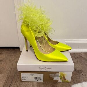 Jessica Simpson Paxtey Neon Yellow Ostrich Feather Heels